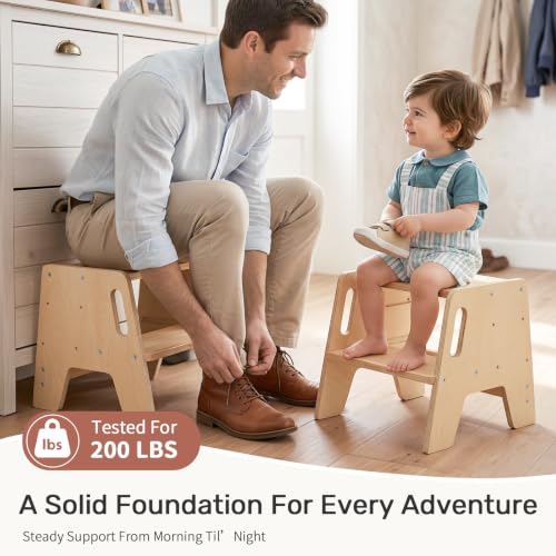 3-Height Adjustable Toddler Step Stool, Wooden Kids Kitchen Helper