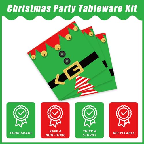 Elf Christmas Party Plates & Napkins Set (96Pcs) - Includes 24 Dinner Plates, 24 Dessert Plates, 24 Napkins & 24 Forks (Variation: Elf) - KEPEEL