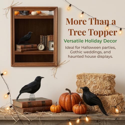 Gothic Black Feathered Crow Tree Topper with Spring Base - 10 Inch