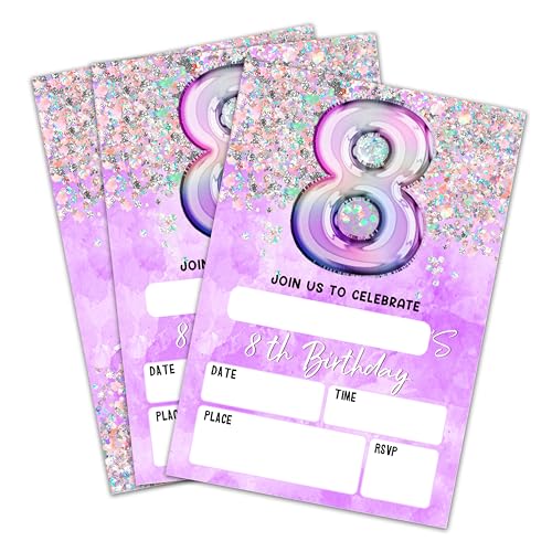 8th Birthday Invitation Cards with Envelopes, 20-Pack Purple Holographic