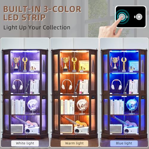 Farmhouse Corner Display Cabinet with Glass Doors and Motion-Sensor LED