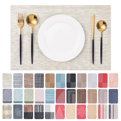 Washable Beige Placemats Set of 4, Heat Resistant Vinyl Dining Table Mats