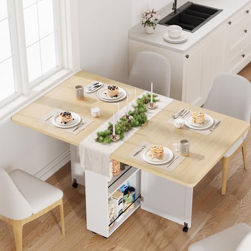 Folding Dining Table with Storage, Compact Kitchen Table on Wheels