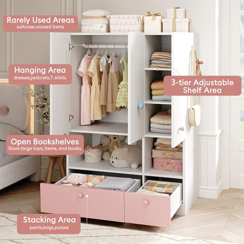 3-Door Wooden Wardrobe Armoire with Hanging Rod, Drawers and Shelves