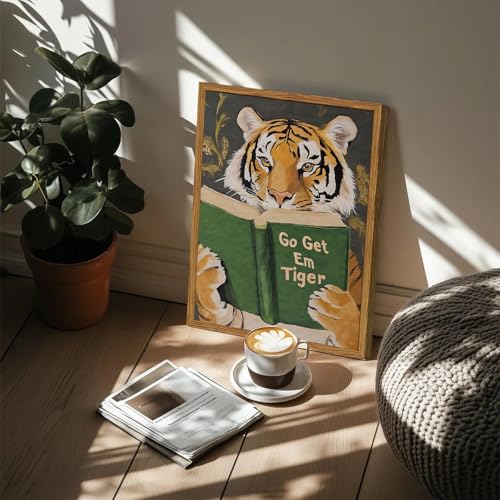 Funny Tiger Reading Canvas Wall Art - 12x16 Framed Motivational Decor