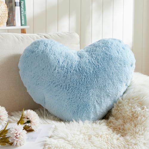Heart Shaped Throw Pillow, Ultra Soft Faux Rabbit Fur Cushion, 10x13 Inch