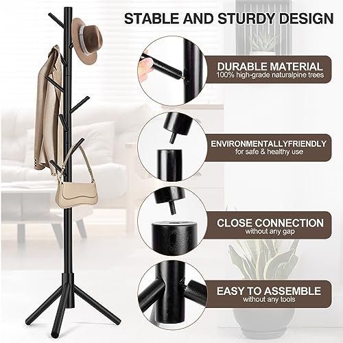 Freestanding Wooden Coat Rack Tree with 8 Hooks & Adjustable Height