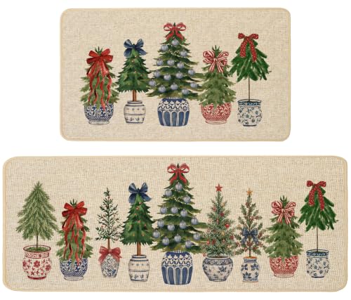 Christmas Kitchen Rugs Set of 2 Pine Trees and Blue Red Porcelain 17x29 & 17x47 Inches
