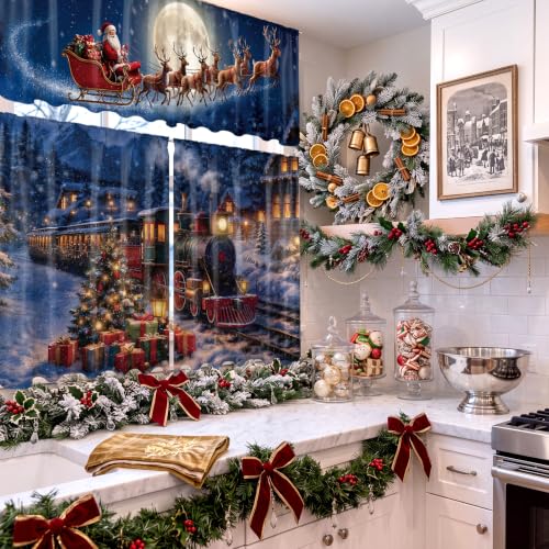 Breling Night View Christmas Kitchen Curtains Set – Santa Sleigh Reindeer Snowy Night Valance & 2 Tier Panels