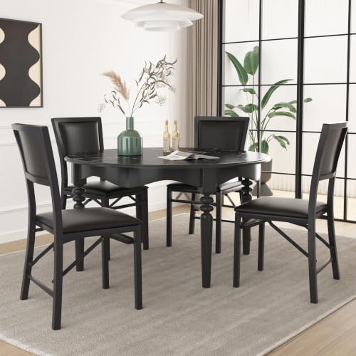 Set of 4 Padded Folding Dining Chairs with Metal Frame, Black PU Leather