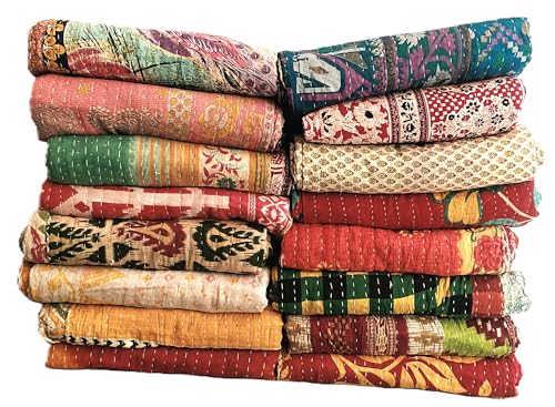 Handmade Vintage Kantha Quilt - Reversible Cotton Throw Blanket (54 x 84 inches)