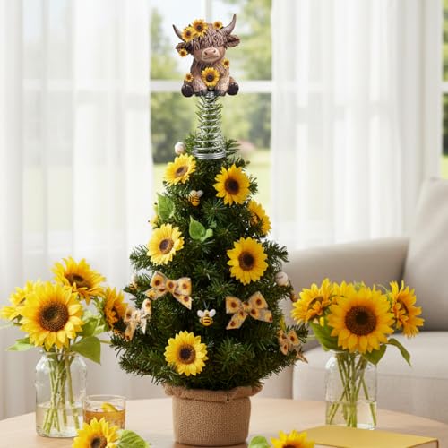 Sunflower Highland Cow Miniature Tree Topper - 5.1" Resin Spring Base Decor