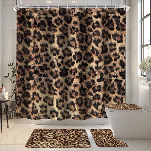 4-Piece Leopard Print Shower Curtain Set with Non-Slip Bath Mats
