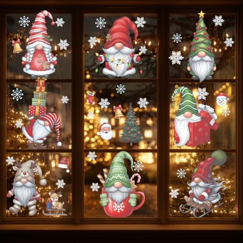 TSIMPLE 178 PCS Christmas Gnome Window Clings - Holiday Decor, Removable Xmas Stickers for Glass Windows, Gnome Snowflake Decals, Festive Home & Office Decor