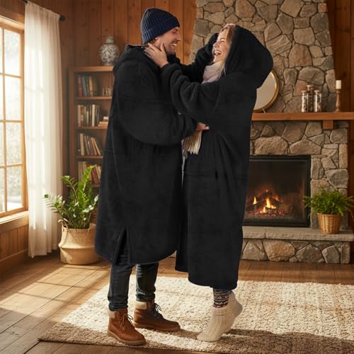 Oversized Wearable Blanket Hoodie with Pockets, Warm Fleece Loungewear