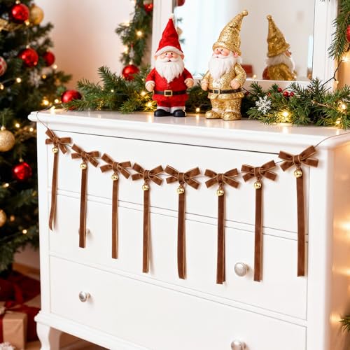 Christmas Velvet Bow Garland with Bells – Pre-Strung 8 Bows Mantel Staircase Decor