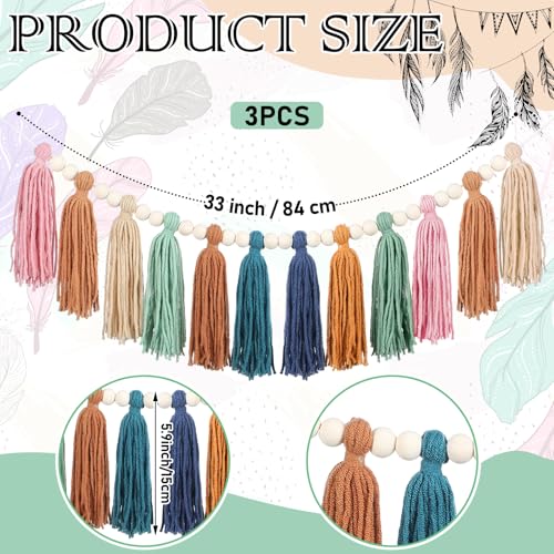 3 Pcs Boho Wood Bead Tassel Garland - Decorative Wall Hanging Decor