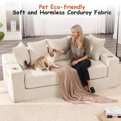 76" Corduroy Convertible Sofa Bed with Storage and Cup Holders