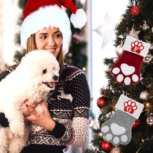 Ulico Large Red Dog & Cat Christmas Stocking with Initial L, Paw Shaped Embroidered Holiday Decor