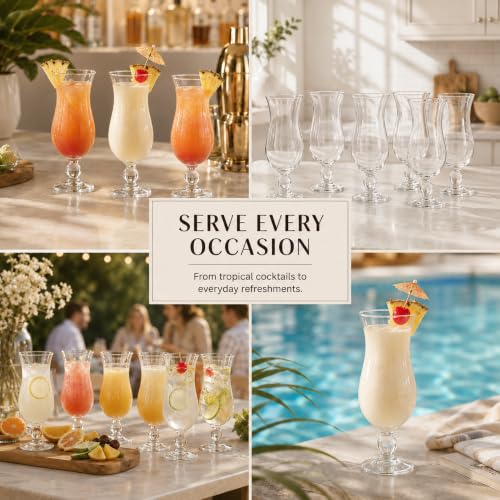 Khen 6 Pack 14oz Hurricane Glasses - Clear Tulip Drinkware for Cocktails, Juices, Water, Tropical Beverages