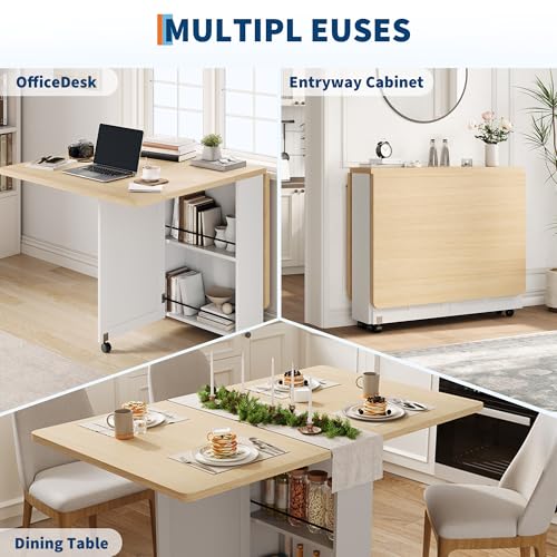 Folding Dining Table with Storage, Compact Kitchen Table on Wheels