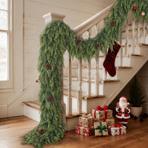 GLIDLION 4 Pack 9 ft Artificial Cedar Garland for Mantle Decor, Lifetime Lifelike Greenery