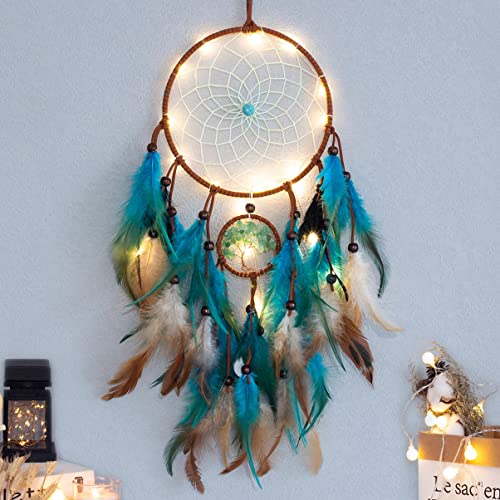 Tree of Life Dream Catcher with LED Fairy Lights and Blue Quartz
