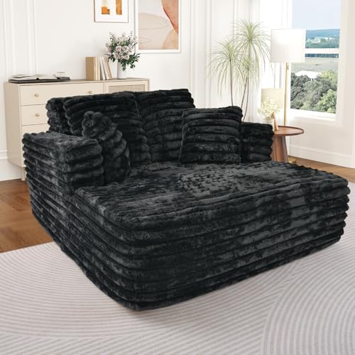 Oversized Faux Fur Chaise Lounge Sofa with Pillows, Black