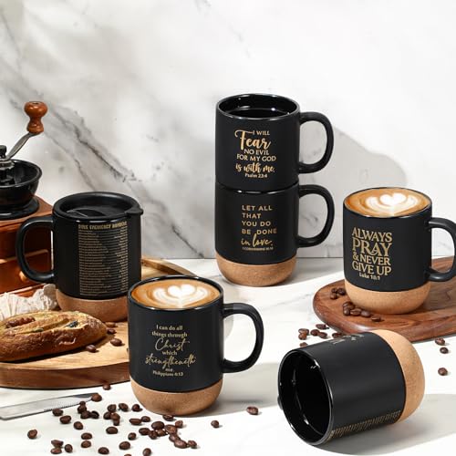 FillTouch 12-Piece Christian Mugs Set 15 oz Black with Lids & Cork Bottom - Bulk Gift, Father’s Day/Pastor Appreciation