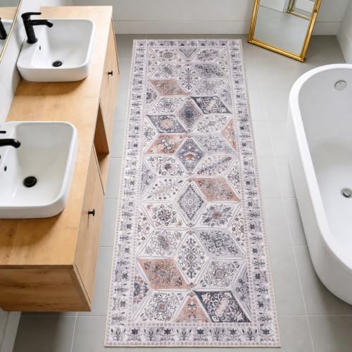 Qulint Boho Patchwork Moroccan Runner Rug 2x6 Feet Beige Grey & Blush Vintage Style
