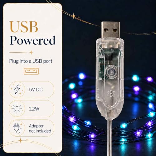 QBIS USB Micro LED String Lights 100 Blue, Purple & Turquoise - Black Wire, Remote Control