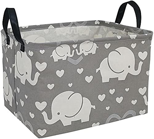 Collapsible Canvas Storage Basket with Handles - Elephant Nursery Organizer