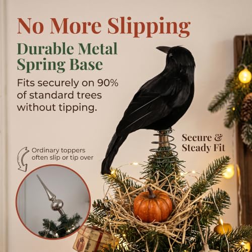 Gothic Black Feathered Crow Tree Topper with Spring Base - 10 Inch