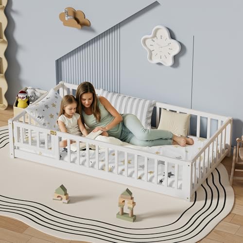 Twin Montessori Floor Bed Frame with Safety Fence and Door, Solid Wood