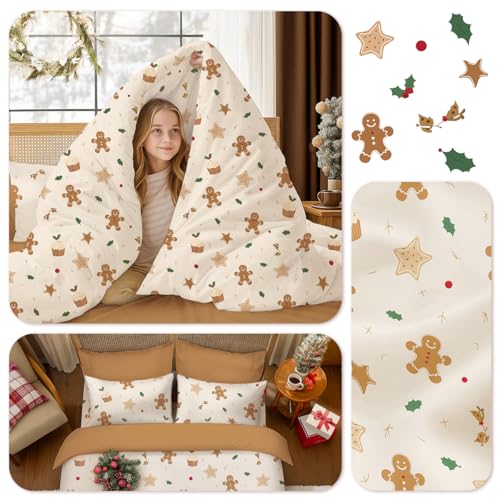 Erwinmu Christmas Duvet Cover Set, Queen Beige Cartoon – 1 Duvet Cover + 2 Pillowcases (No Comforter)
