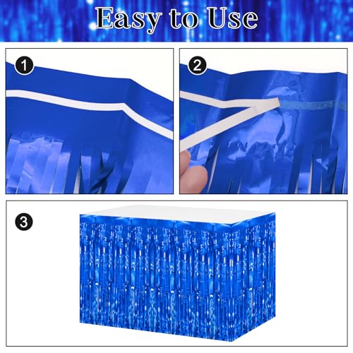 Blue Metallic Foil Fringe Table Skirt - 29.5x108 Inch Party Decoration (2 Pack)