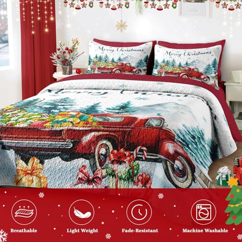 King Christmas Quilt Set with Xmas Truck - 3-Piece Red Vintage Bedding, WeCozy
