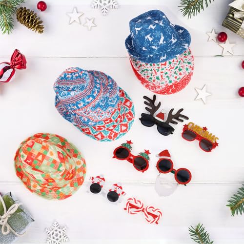 NICOWARM 12pc Christmas Photo Booth Prop Kit with Fedora Hats & Party Sunglasses