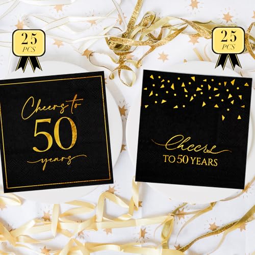 Hunanyume 50 Pack Cheers to 50 Years Black & Gold Cocktail Napkins - Elegant 5x5 Inch Party Supplies for 50th Birthday & Anniversary