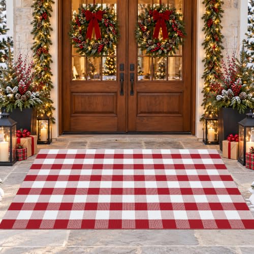 Homydecor Red & White Plaid 4' x 6' Rug - Reversible Cotton Blend, Washable Porch & Entryway