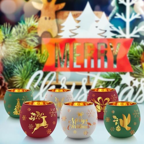 Christmas Glass Votive Candle Holders Set of 6 - Holiday Table Centerpiece