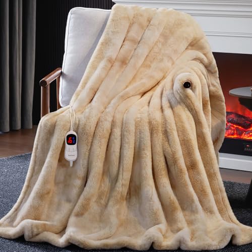 Electric Heated Blanket - Soft Faux Rabbit Fur Throw, 50"x60", 10 Heat Levels