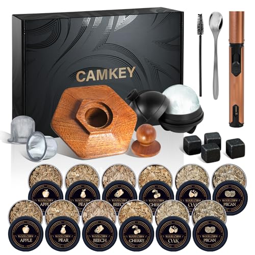 Whiskey Smoker Kit with Torch, 12 Wood Chips, Ice Ball Molds, Cocktail Infuser, Gifts for Men