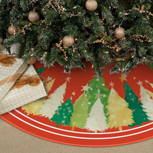 Christmas Tree Skirt 48 Inch Red Rustic Yellow Star and Red Trees - Red Tree Variation