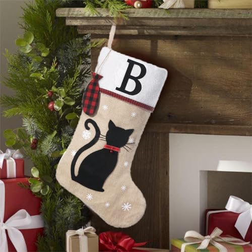 Personalized Cat Christmas Stocking with Wood Fish Tags - 20 Inch Holiday Pet Gift (Letter F) - Cat / Cat-F
