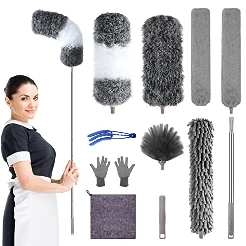 Extendable Microfiber Duster Set with 100-Inch Pole for High Ceilings & Fans
