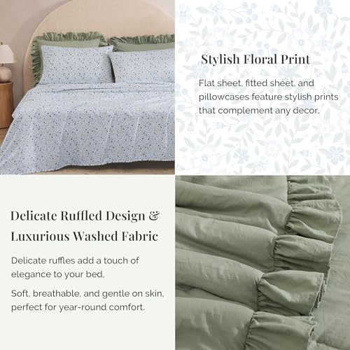 Sage Green Ruffle Queen Comforter Set - 7-Piece Floral Bed in a Bag