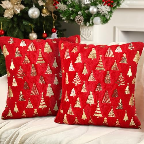Amyhill Christmas Pillow Covers 18 x 18'' Set of 2 Double Sided Christmas Tree Pillow Cover Soft Plush Faux Fur Pillowcases for Couch Living Room Bed(Red)