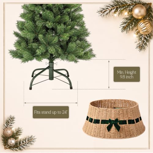 Christmas Tree Collar Basket with Green Bow 23.6'' Wicker Base Cover – Forest Green Velvet