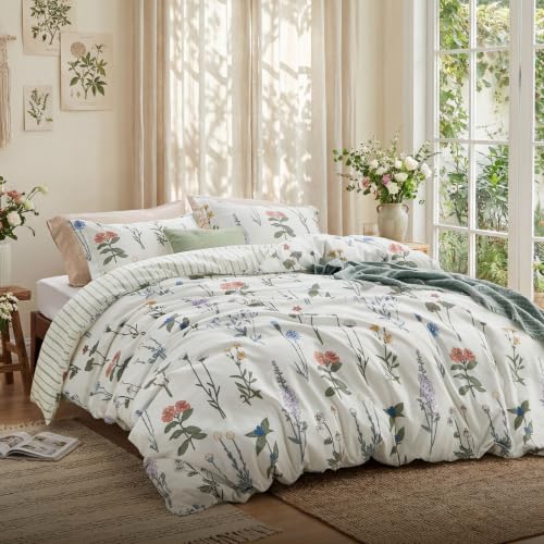 Reversible Floral Queen Duvet Cover Set - 3 Piece Bedding with Corner Ties
